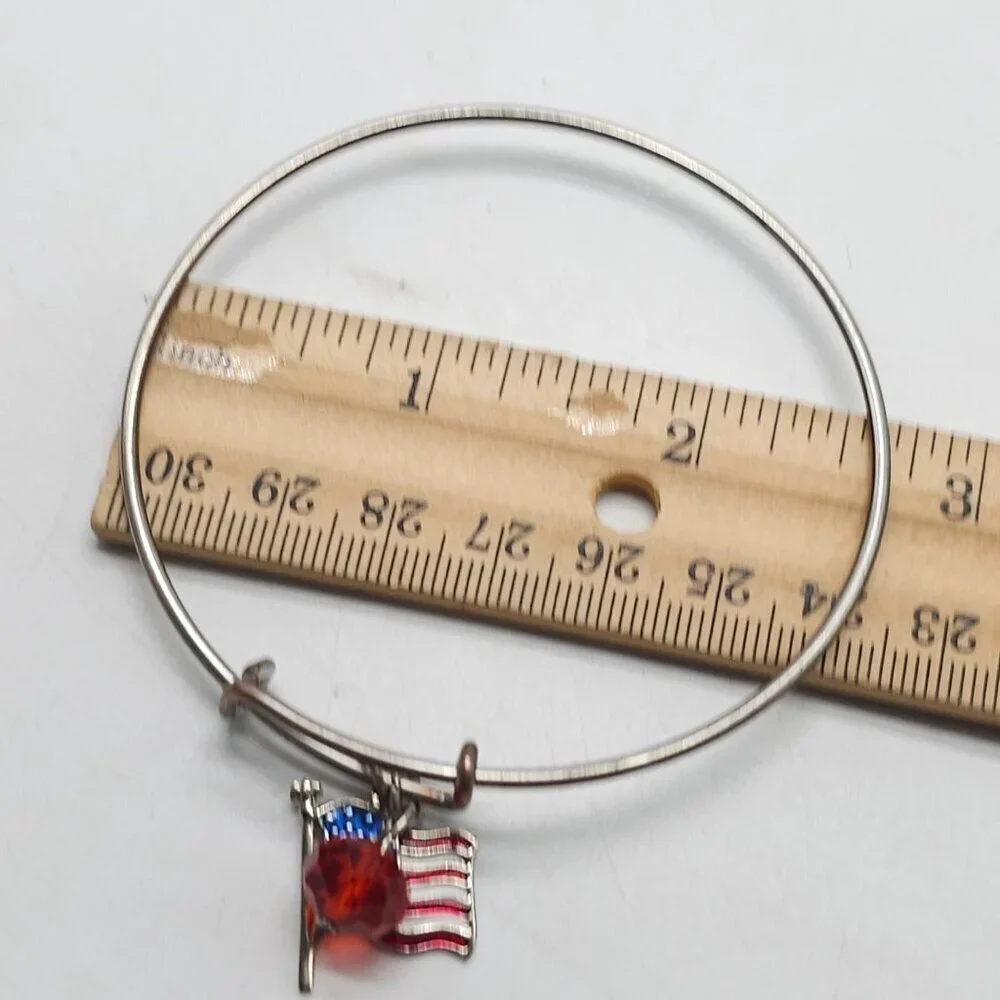 American Flag Bangle Bracelet With Red Crystal Charm